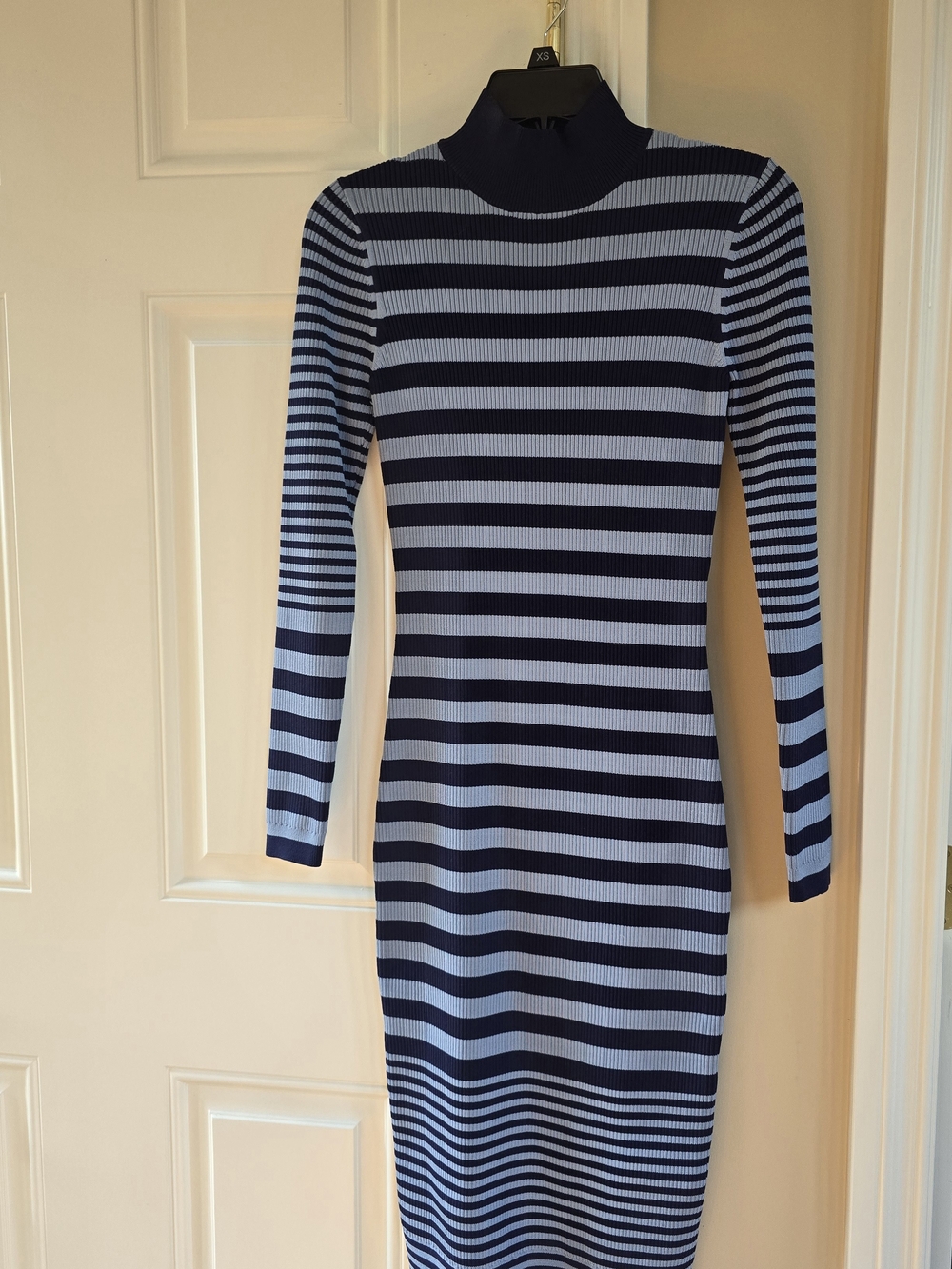 Michael Kors Navy and Light Blue Striped Mock Neck Long Sleeve Dress